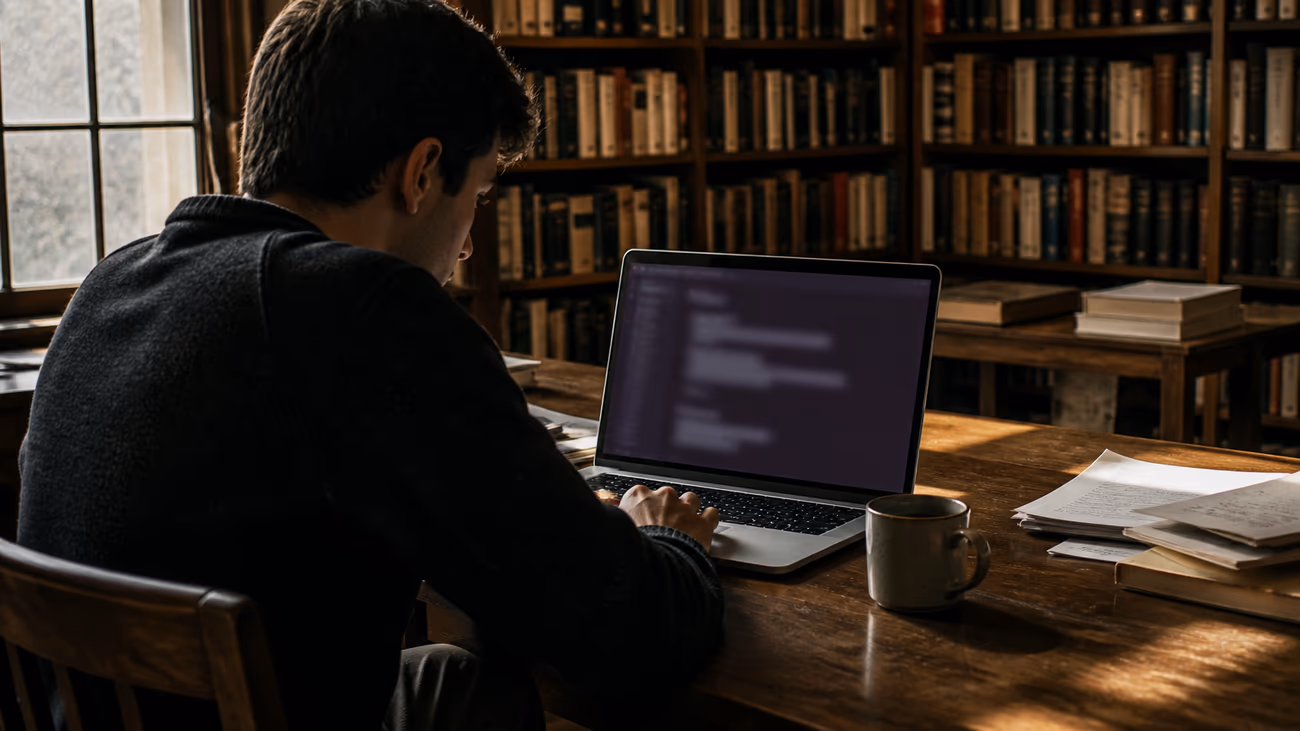 researcher in a library exploring dark web links