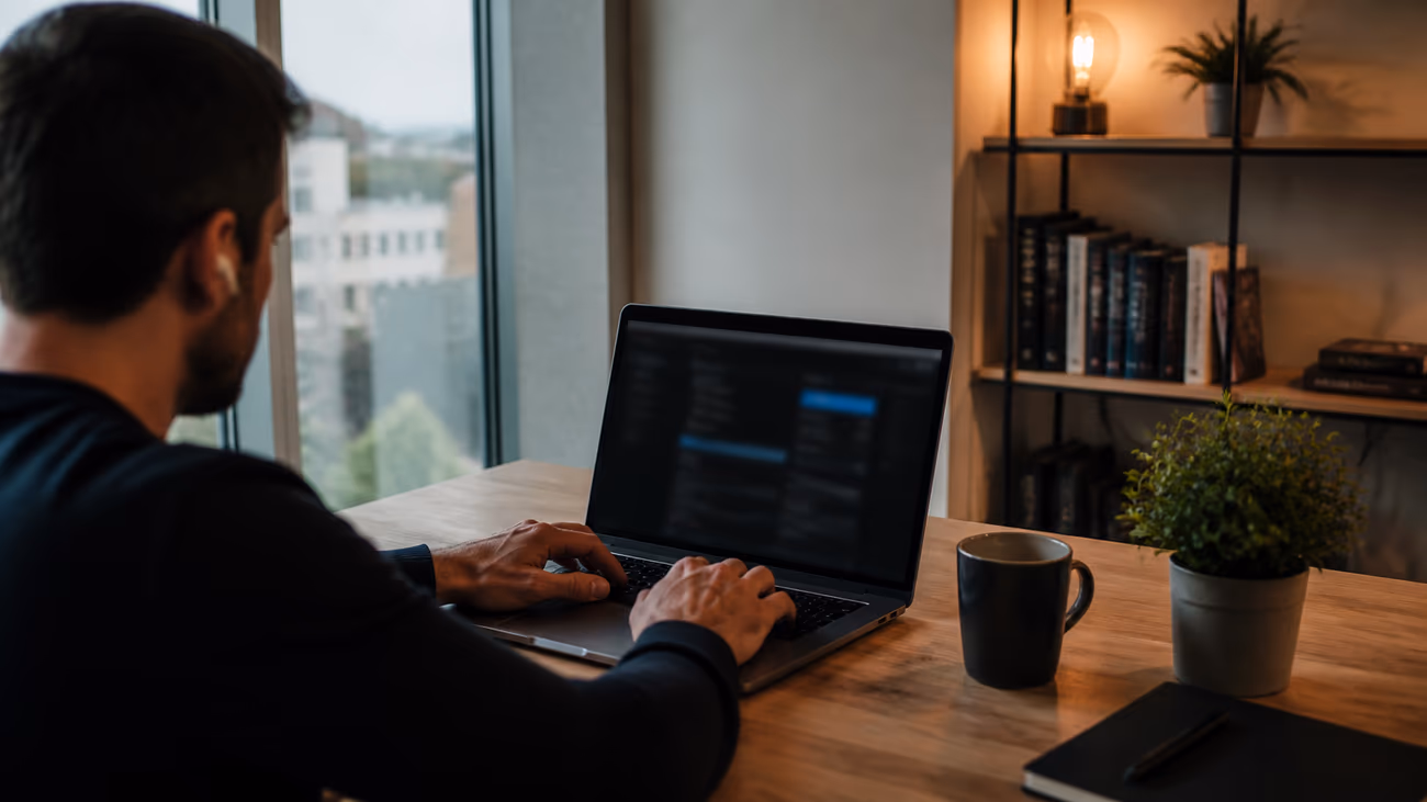 person using laptop in modern apartment