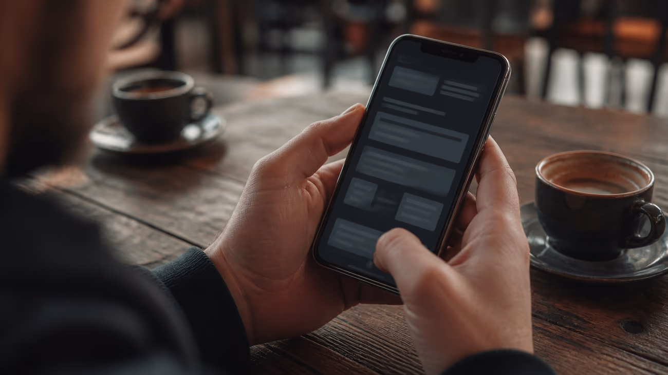 hands holding smartphone in a café