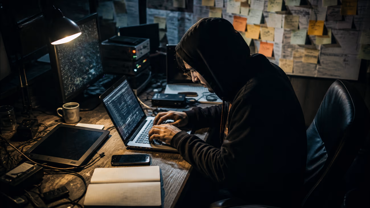 hacker analyzing dark web data in an office