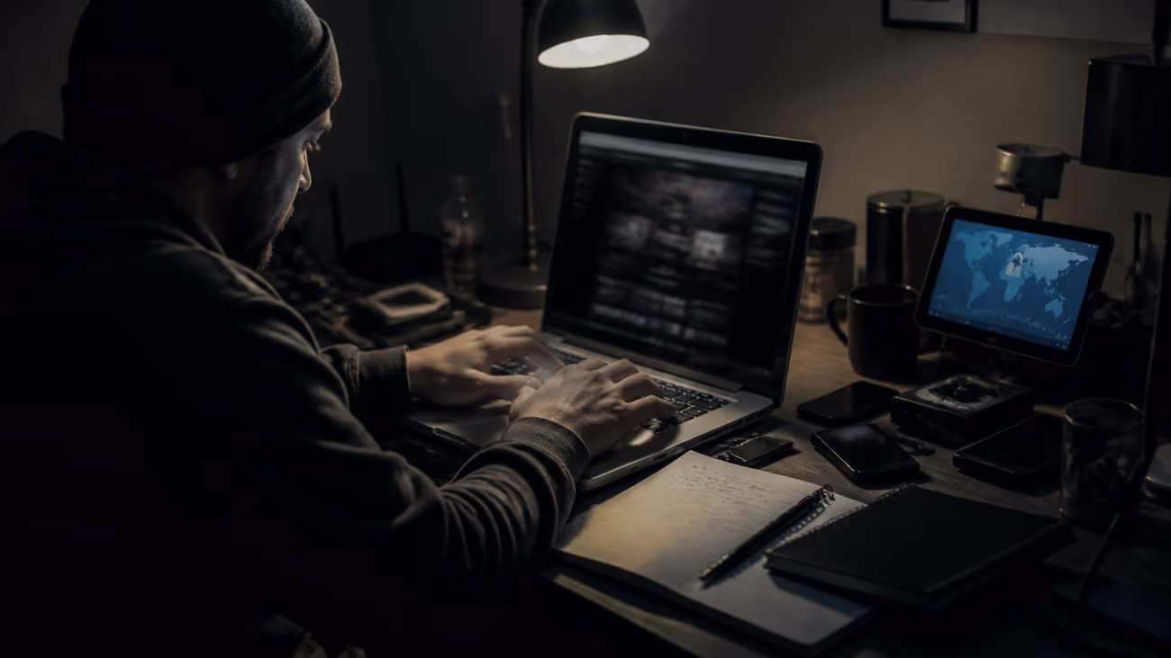 person analyzing dark web links with laptop